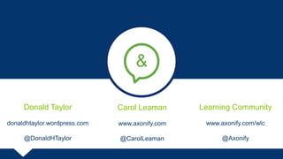 &
Questions & Answers
Donald Taylor
donaldhtaylor.wordpress.com
@DonaldHTaylor
Carol Leaman
www.axonify.com
@CarolLeaman
Learning Community
www.axonify.com/wlc
@Axonify
 