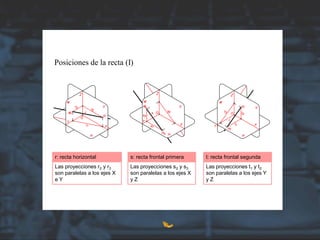 Posiciones de la recta (I)
r: recta horizontal t: recta frontal segundas: recta frontal primera
Las proyecciones r2 y r3
son paralelas a los ejes X
e Y
Las proyecciones s2 y s3
son paralelas a los ejes X
y Z
Las proyecciones t1 y t2
son paralelas a los ejes Y
y Z
 
