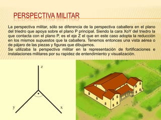 PERSPECTIVA MILITAR
La perspectiva militar, sólo se diferencia de la perspectiva caballera en el plano
del triedro que apoya sobre el plano P principal. Siendo la cara XoY del triedro la
que contacta con el plano P, es el eje Z el que en este caso adopta la reducción
en los mismos supuestos que la caballera. Tenemos entonces una vista aérea o
de pájaro de las piezas y figuras que dibujamos.
Se utilizaba la perspectiva militar en la representación de fortificaciones e
instalaciones militares por su rapidez de entendimiento y visualización.
 