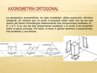 AXONOMETRÍA ORTOGONAL
La perspectiva axonométrica, en esta modalidad, utiliza proyección cilíndrica
ortogonal, de manera que un punto A proyecta sobre cada uno de los tres
planos del triedro trirrectángulo determinando tres proyecciones auxiliares (a' ,
a'' y a'''). A su vez las tres proyecciones auxiliares y el punto A se proyectan
sobre el plano principal. Por tanto, al tener 4 planos tenemos 4 proyecciones:
tres auxiliares y una directa.
 