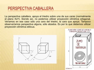PERSPECTIVA CABALLERA
La perspectiva caballera, apoya el triedro sobre una de sus caras (normalmente
el plano XoY). Siendo así, no podemos utilizar proyección cilíndrica ortogonal.
Veríamos en ese caso sólo una cara del triedro, la cara que apoya. Tampoco
observaríamos perspectiva alguna, sólo alzados. Es por lo que debemos utilizar
proyección cilíndrica oblicua.
 