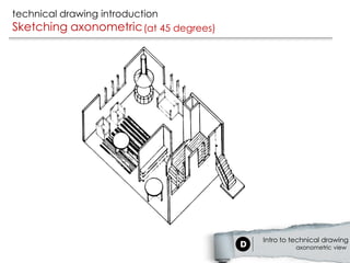 technical drawing introduction
Sketching axonometric (at 45 degrees)




                                        Intro to technical drawing
                                                 axonometric view
 