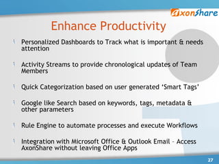Enhance Productivity
Personalized Dashboards to Track what is important & needs
attention

Activity Streams to provide chronological updates of Team
Members

Quick Categorization based on user generated „Smart Tags‟

Google like Search based on keywords, tags, metadata &
other parameters

Rule Engine to automate processes and execute Workflows

Integration with Microsoft Office & Outlook Email – Access
AxonShare without leaving Office Apps
                                                             27
 