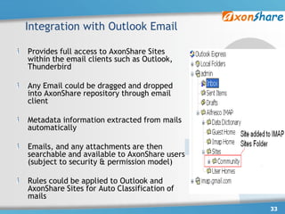 Integration with Outlook Email

Provides full access to AxonShare Sites
within the email clients such as Outlook,
Thunderbird

Any Email could be dragged and dropped
into AxonShare repository through email
client

Metadata information extracted from mails
automatically

Emails, and any attachments are then
searchable and available to AxonShare users
(subject to security & permission model)

Rules could be applied to Outlook and
AxonShare Sites for Auto Classification of
mails
                                              33
 