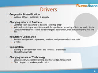 Drivers
Geographic Diversification
 •   Multiple Offices – nationally & globally

Changing nature of Business
 •   Demands from customers to become „one stop shop‟
 •   Multi-culture integration – tie-ups with foreign firms / servicing of international clients
 •   Complex transactions – cross border mergers, acquisition, Intellectual Property matters
     etc.

Regulatory Compliance
 •   Records Management to preserve, retrieve, and produce electronic data
 •   E-filing

Competition
 •   Blurring of line between „core‟ and „context‟ of business
 •   Global Playing Field

Changing Nature of Technology
 •   Collaboration, Social Networking, and Knowledge Management
 •   Direct impact on workers productivity



                                                                                                   8
 
