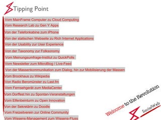 SocialWeb Tipping Point Vom Meinungsumfrage-Institut zu QuickPolls Vom Research Lab zu Gen Y Apps Vom MainFrame Computer zu Cloud Computing Von der Telefonkabine zum iPhone Von der statischen Webseite zu Rich Internet Applications Von der Massenkommunikation zum Dialog, hin zur Mobilisierung der Massen Von der Usability zur User Experience Vom Newsletter zum MikroBlog / Live-Feed Vom Elfenbeinturm zu Open Innovation Vom Brockhaus zu Wikipedia Vom Fernsehgerät zum MediaCenter Vom Dorffest hin zu Spontan-Veranstaltungen Von der Sekretärin zu Doodle Von Radio Beromünster zu Last.fm Vom Freizeitverein zur Online Community Von der Taxonomy zur Folksonomy Vom Wissens-Management zum Wissens-Fluss 