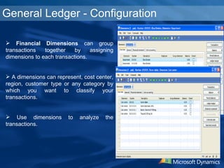 General Ledger - Configuration Financial Dimensions  can group transactions together by assigning dimensions to each transactions.  A dimensions can represent, cost center, region, customer type or any category by which you want to classify your transactions. Use dimensions to analyze the transactions.  