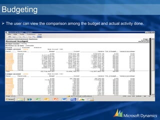 Budgeting The user can view the comparison among the budget and actual activity done. 