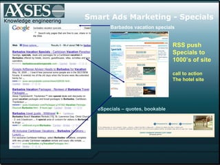 Knowledge engineering Smart Ads Marketing -  Specials Barbados vacation specials eSpecials – quotes, bookable RSS push Specials to  1000’s of site call to action The hotel site 