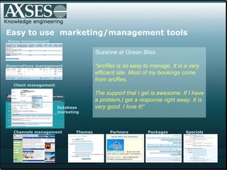 Knowledge engineering .   Easy to use  marketing/management tools Suzanne at Ocean Bliss "arcRes is so easy to manage. It is a very efficient site. Most of my bookings come from arcRes.  The support that I get is awesome. If I have a problem,I get a response right away. It is very good. I love it!“ Rates management Reservations management Database marketing Client management Channels management Themes Packages Specials Partners 