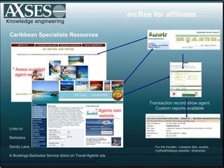 Knowledge engineering Transaction record show agent.    Custom reports available Caribbean Specialists Resources Links to:  Barbados Sandy Lane A Bookings Barbados Service direct on Travel Agents site * Axses supplied  agent website * Agents own website arcRes for affiliates For the traveler:: compare lists, quotes,  myRealHolidays website- -itineraries 