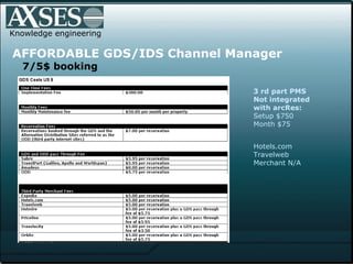 .  Knowledge engineering AFFORDABLE GDS/IDS Channel Manager 7/5$ booking 3 rd part PMS Not integrated  with arcRes: Setup $750 Month $75 Hotels.com Travelweb Merchant N/A   
