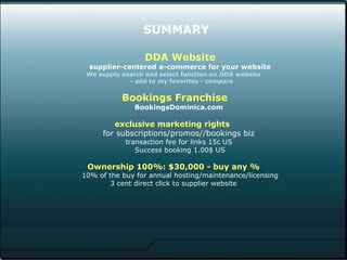 SUMMARY   DDA Website   supplier-centered e-commerce for your website We supply search and select function on DDA website  – add to my favorites - compare Bookings Franchise BookingsDominica.com  exclusive marketing rights   for subscriptions/promos//bookings biz   transaction fee for links 15c US  Success booking 1.00$ US Ownership 100%: $30,000 - buy   any % 10% of the buy for annual hosting/maintenance/licensing 3 cent direct click to supplier website   