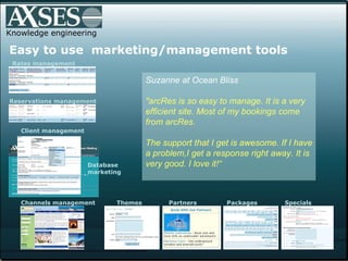 Knowledge engineering .   Easy to use  marketing/management tools Suzanne at Ocean Bliss &quot;arcRes is so easy to manage...