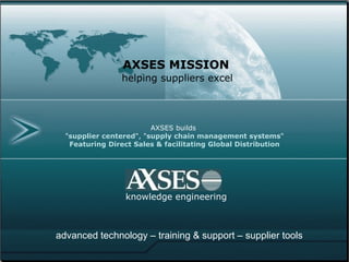 AXSES builds  " supplier centered ", " supply chain management systems " Featuring   Direct Sales & facilitating   Global Distribution knowledge engineering AXSES MISSION helping suppliers excel advanced technology – training & support – supplier tools 