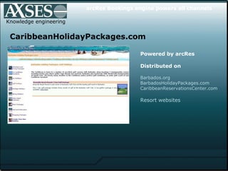 . .  Knowledge engineering CaribbeanHolidayPackages.com Powered by arcRes Distributed on   Barbados.org BarbadosHolidayPackages.com CaribbeanReservationsCenter.com Resort websites arcRes Bookings engine powers all channels 