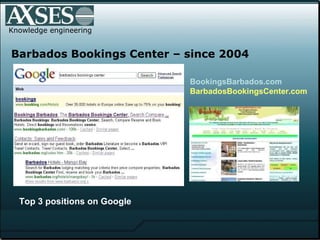 Knowledge engineering Barbados Bookings Center – since 2004 BookingsBarbados.com BarbadosBookingsCenter .com Top 3 positions on Google 