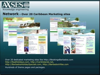 . .  Knowledge engineering Network  - Over 20 Caribbean Marketing sites Over 20 dedicated marketing sites like http://BookingsBarbados.com http://RealHolidays.com ,  http://CaribIslands.net ,  Http://BarbadosHolidaySpecials.com ,  Http://BarbadosVillas.com Hundreds of theme pages and packages.  