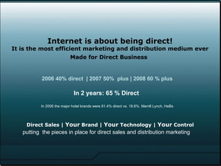   Internet is about being direct! It is the most efficient marketing and distribution medium ever Made for Direct Business...