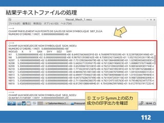 112
結果テキストファイルの処理
① エッジ Symm上の応力
成分の印字出力を確認
 