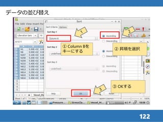 122
データの並び替え
② 昇順を選択
① Column Bを
キーにする
③ OKする
 