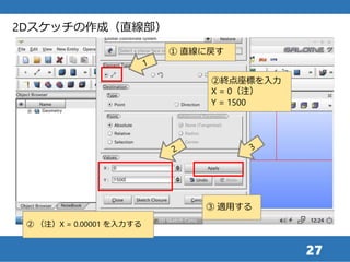 27
③ 適用する
① 直線に戻す
②終点座標を入力
X = 0（注）
Y = 1500
2Dスケッチの作成（直線部）
② （注）X = 0.00001 を入力する
 
