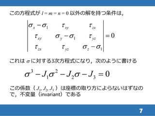 7
この方程式が l = m = n = 0 以外の解を持つ条件は，
1
1
1
0
x xy zx
xy y yz
zx yz z
s s t t
t s s t
t t s s

 

これは s に対する3次方程式になり，次のように書ける
3 2
1 2 3 0J J Js s s   
この係数（ J1, J2, J3 ）は座標の取り方によらないはずなの
で，不変量（invariant）である
 