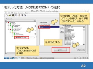 82
① モデル化
（MODELISATION）
を選択
③ 有効化する
モデル化方法（MODELISATION）の選択
② 軸対称（AXIS）を右の
リストから選び，左に移動
（手のマーク）させる
 