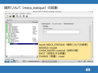 89
線形ソルバ（meca_statique）の起動
result=MECA_STATIQUE（線形ソルバの結果）
MODELE=model
CHAM_MATER=material（材料の場）
EXCIT（活性化する荷重）
CHARGE（荷重）=load
 