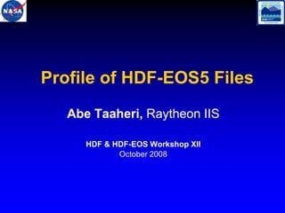Profile of HDF-EOS5 Files
Abe Taaheri, Raytheon IIS
HDF & HDF-EOS Workshop XII
October 2008

 