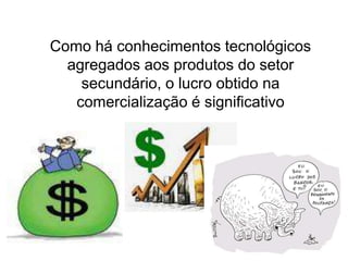 Como há conhecimentos tecnológicos
agregados aos produtos do setor
secundário, o lucro obtido na
comercialização é significativo
 
