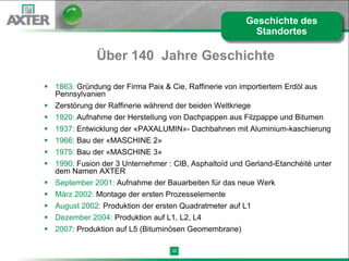 Geschichte des
                                                          Standortes

              Über 140 Jahre Geschichte

 1863: Gründung der Firma Paix & Cie, Raffinerie von importiertem Erdöl aus
  Pennsylvanien
 Zerstörung der Raffinerie während der beiden Weltkriege
 1920: Aufnahme der Herstellung von Dachpappen aus Filzpappe und Bitumen
 1937: Entwicklung der «PAXALUMIN»- Dachbahnen mit Aluminium-kaschierung
 1966: Bau der «MASCHINE 2»
 1975: Bau der «MASCHINE 3»
 1990: Fusion der 3 Unternehmer : CIB, Asphaltoïd und Gerland-Etanchéité unter
  dem Namen AXTER
 September 2001: Aufnahme der Bauarbeiten für das neue Werk
 März 2002: Montage der ersten Prozesselemente
 August 2002: Produktion der ersten Quadratmeter auf L1
 Dezember 2004: Produktion auf L1, L2, L4
 2007: Produktion auf L5 (Bituminösen Geomembrane)

                                   22
 