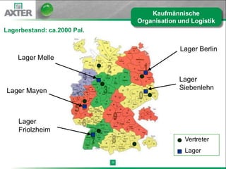 Kaufmännische
                                  Organisation und Logistik
Lagerbestand: ca.2000 Pal.


                                               Lager Berlin
    Lager Melle


                                               Lager
Lager Mayen                                    Siebenlehn



    Lager
    Friolzheim
                                                 Vertreter
                                                 Lager
                             29
 