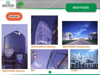 BOUYGUES




                   BOUYGUES Immobilier   BOUYGUES Construction




BOUYGUES Telecom   TF1                         Colas
                                 3
 