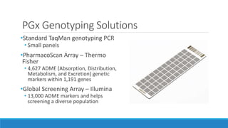 PGx Genotyping Solutions
•Standard TaqMan genotyping PCR
• Small panels
•PharmacoScan Array – Thermo
Fisher
• 4,627 ADME (Absorption, Distribution,
Metabolism, and Excretion) genetic
markers within 1,191 genes
•Global Screening Array – Illumina
• 13,000 ADME markers and helps
screening a diverse population
 