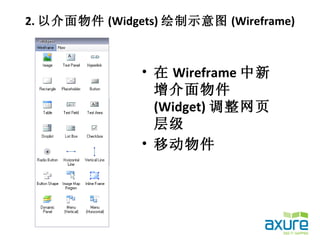 2. 以介面物件 (Widgets) 绘制示意图 (Wireframe)



               • 在 Wireframe 中新
                 增介面物件
                 (Widget) 调整网页
                 层级
               • 移动物件
 