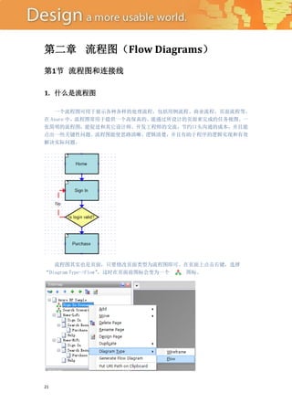 第二章 流程图（Flow Diagrams）
第1节 流程图和连接线

1. 什么是流程图

   一个流程图可用于展示各种各样的处理流程，包括用例流程、商业流程、页面流程等。
在 Axure 中，流程图常用于提供一个高保真的、能通过所设计的页面来完成的任务视图。一
张简明的流程图，能促进和其它设计师、开发工程师的交流，节约口头沟通的成本，并且能
点出一些关键性问题。流程图能使思路清晰、逻辑清楚，并且有助于程序的逻辑实现和有效
解决实际问题。




   流程图其实也是页面，只要修改页面类型为流程图即可。在页面上点击右键，选择
“Diagram Type->Flow”
                   ，这时在页面前图标会变为一个 图标。




21
 