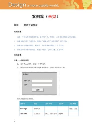 案例篇（未完）
案例一        简单登陆界面

案例描述

     这是一个较为简单的登陆界面，输入用户名、密码后，点击登陆按钮进行登陆校验：

1. 如果未输入用户名或密码，则提示“请输入用户名和密码”，蓝色字体；

2. 如果用户名或密码错误，则提示“用户名或密码错误”，红色字体；

3. 如果用户名和密码都匹配，则提示“您好， 用户名】，黑色字体。
                      【    ”


实现步骤

步骤一、绘制线框图

     1、 打开 Axure 软件，新建一个 RP 文件；

     2、 拖动控件面板中的控件到线框图面板中，绘制登陆界面如下图：




     所用到的控件清单如下：

       控件名          作用       文本内容      标识符       其它属性


       Rectangle    装饰底板                         底色：灰色


       Text Panel   信息提示     默认：登陆窗口   logInfo



52
 