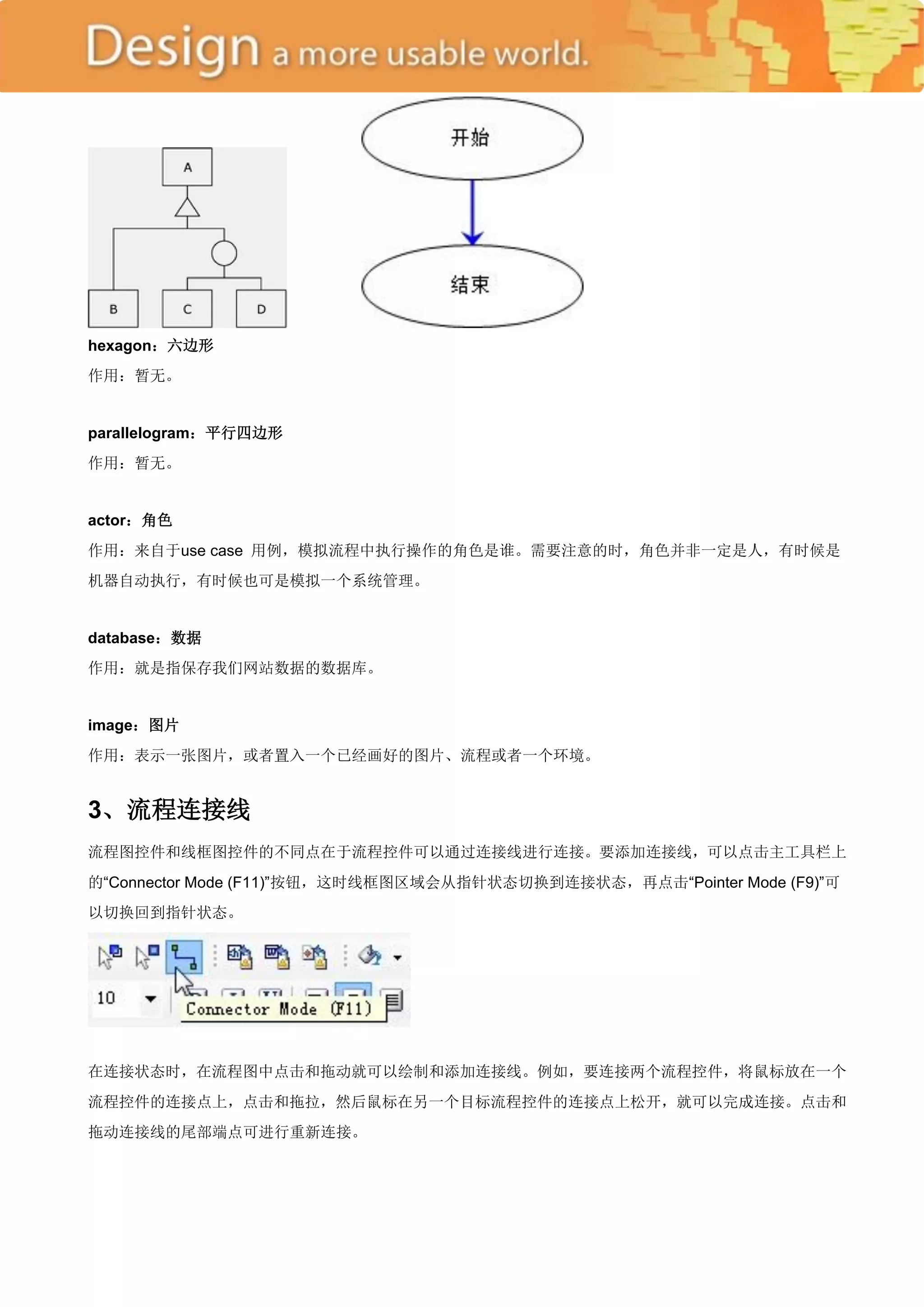 hexagon：六边形
作用：暂无。


parallelogram：平行四边形
作用：暂无。


actor：角色
作用：来自于use case 用例，模拟流程中执行操作的角色是谁。需要注意的时，角色并非一定是人，有时候是
机器自动执行，有时候也可是模拟一个系统管理。


database：数据
作用：就是指保存我们网站数据的数据库。


image：图片
作用：表示一张图片，或者置入一个已经画好的图片、流程或者一个环境。


3、流程连接线
流程图控件和线框图控件的不同点在于流程控件可以通过连接线进行连接。要添加连接线，可以点击主工具栏上
的―Connector Mode (F11)‖按钮，这时线框图区域会从指针状态切换到连接状态，再点击―Pointer Mode (F9)‖可
以切换回到指针状态。




在连接状态时，在流程图中点击和拖动就可以绘制和添加连接线。例如，要连接两个流程控件，将鼠标放在一个
流程控件的连接点上，点击和拖拉，然后鼠标在另一个目标流程控件的连接点上松开，就可以完成连接。点击和
拖动连接线的尾部端点可进行重新连接。
 