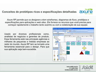 www.saldit.com.br
(11) 3393.7923
vendas@saldit.com.br
Conceitos de protótipos ricos e especificações detalhadas
Axure RP permite que os designers criem wireframes, diagramas de fluxo, protótipos e
especificações para aplicações e web sites. Ele fornece os recursos que você precisa para
começar rapidamente o trabalho tanto sozinho ou com a colaboração da sua equipe.
Usado por diversos profissionais como,
analistas de negócios e gerentes de produto,
Essa ferramenta está nas principais agências e
milhares de pequenas e médias empresas ao
redor do mundo. Axure RP tem se tornado uma
ferramenta essencial para o design. Para que
sua aplicação seja bem-sucedida.
 