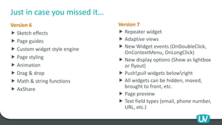 Just in case you missed it…
Version 6
 Sketch effects
 Page guides
 Custom widget style engine
 Page styling
 Animation
 Drag & drop
 Math & string functions
 AxShare
Version 7
 Repeater widget
 Adaptive views
 New Widget events (OnDoubleClick,
OnContextMenu, OnLongClick)
 New display options (Show as lightbox
or flyout)
 Pushpull widgets belowright
 All widgets can be hidden, moved,
brought to front, etc.
 Page preview
 Text field types (email, phone number,
URL, etc.)
 