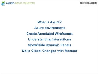 AXURE: BASIC CONCEPTS




                        What is Axure?
                    Axure Environment
              Create Annotated Wireframes
                Understanding Interactions
                Show/Hide Dynamic Panels
           Make Global Changes with Masters
 