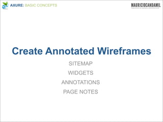 AXURE: BASIC CONCEPTS




Create Annotated Wireframes
                          SITEMAP
                         WIDGETS
                        ANNOTATIONS
                        PAGE NOTES
 