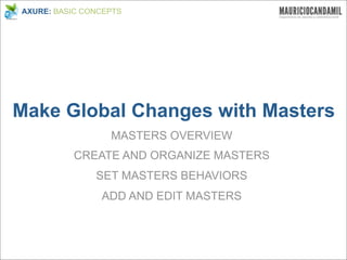 AXURE: BASIC CONCEPTS




Make Global Changes with Masters
                  MASTERS OVERVIEW
          CREATE AND ORGANIZE MASTERS
               SET MASTERS BEHAVIORS
                ADD AND EDIT MASTERS
 