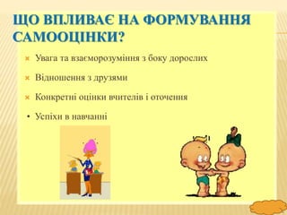 FokinaLida.75@mail.ru
ЩО ВПЛИВАЄ НА ФОРМУВАННЯ
САМООЦІНКИ?
 Увага та взаєморозуміння з боку дорослих
 Відношення з друзями
 Конкретні оцінки вчителів і оточення
• Успіхи в навчанні
 