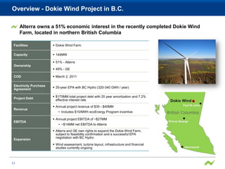 Overview - Dokie Wind Project in B.C.

     Alterra owns a 51% economic interest in the recently completed Dokie Wind
     Farm, located in northern British Columbia

 Facilities              Dokie Wind Farm

 Capacity                144MW

                         51% - Alterra
 Ownership
                         49% - GE

 COD                     March 2, 2011

 Electricity Purchase
                         25-year EPA with BC Hydro (320-340 GWh / year)
 Agreement

                         $175MM total project debt with 20 year amortization and 7.2%
 Project Debt
                          effective interest rate

                         Annual project revenue of $35 - $40MM
 Revenue
                           • Includes $10/MWh ecoEnergy Program incentive

                         Annual project EBITDA of ~$27MM
 EBITDA
                           • ~$14MM net EBITDA to Alterra
                         Alterra and GE own rights to expand the Dokie Wind Farm,
                          subject to feasibility confirmation and a successful EPA
                          negotiation with BC Hydro
 Expansion
                         Wind assessment, turbine layout, infrastructure and financial
                          studies currently ongoing



11
 