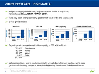 Alterra Power Corp - HIGHLIGHTS

                    Magma Energy (founded 2008) acquired Plutonic Power in May 2011;
                    name changed to ALTERRA POWER CORP.

                    Pure play clean energy company: geothermal, wind, hydro and solar assets

                    3 year growth metrics

                                   Revenue                                                            EBITDA                            MW Capacity                         Power Production
                   $120                                                     Millions USD    $70                                   400                                   2,000
                                                                                            $60
    Millions USD




                   $100
                                                                                            $50                                   300                                   1,500
                    $80
                                                                                            $40




                                                                                                                                                                  GWh
                                                                                                                             MW
                    $60                                                                     $30                                   200                                   1,000
                    $40                                                                     $20
                                                                                            $10                                   100                                    500
                    $20
                                                                                              $-
                     $-                                                                    $(10)                                    0                                      0
                                 Jul/08 -     2010       2011e                                     Jul/08 -   2010   2011e              Jul/08 -   2010   2011e                 Jul/08 -   2010   2011e
                                 Dec/09                                                            Dec/09                               Dec/09                                  Dec/09



                    Organic growth prospects could drive capacity > 800 MW by 2016
                                         395 MW                    Geothermal
                                          62 MW                    Hydro
                                          80 MW                    Wind
                                           5 MW                    Solar
                                         542 MW

                    Value proposition – strong production growth, unrivaled development pipeline, world class
                    geothermal discovery prospects, exceptional operating, finance and development teams

                          (1)
                                2009/2010 reflects Alterra’s equity portion in HS Orka
3                         (2)   2011 Estimate based on future Aluminum prices, water flows and wind
 