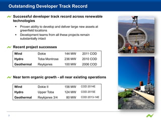 Outstanding Developer Track Record

    Successful developer track record across renewable
    technologies
        Proven ability to develop and deliver large new assets at
         greenfield locations
        Development teams from all these projects remain
         substantially intact

    Recent project successes
    Wind             Dokie               144 MW       2011 COD
    Hydro            Toba Montrose       236 MW       2010 COD
    Geothermal       Reykjanes           100 MW       2006 COD



    Near term organic growth - all near existing operations

    Wind             Dokie II            156 MW      COD 2014E

    Hydro            Upper Toba          124 MW      COD 2015E

    Geothermal       Reykjanes 3/4        80 MW      COD 2013-14E




7
 
