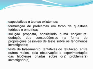 expectativas e teorias existentes; 
formulação de problemas em torno de questões 
teóricas e empíricas; 
solução proposta, consistindo numa conjectura; 
dedução das conseqüências na forma de 
proposições passíveis de teste sobre os fenômenos 
investigados; 
teste de falseamento: tentativas de refutação, entre 
outros meios, pela observação e experimentação 
das hipóteses criadas sobre o(s) problema(s) 
investigado(s). 
 
