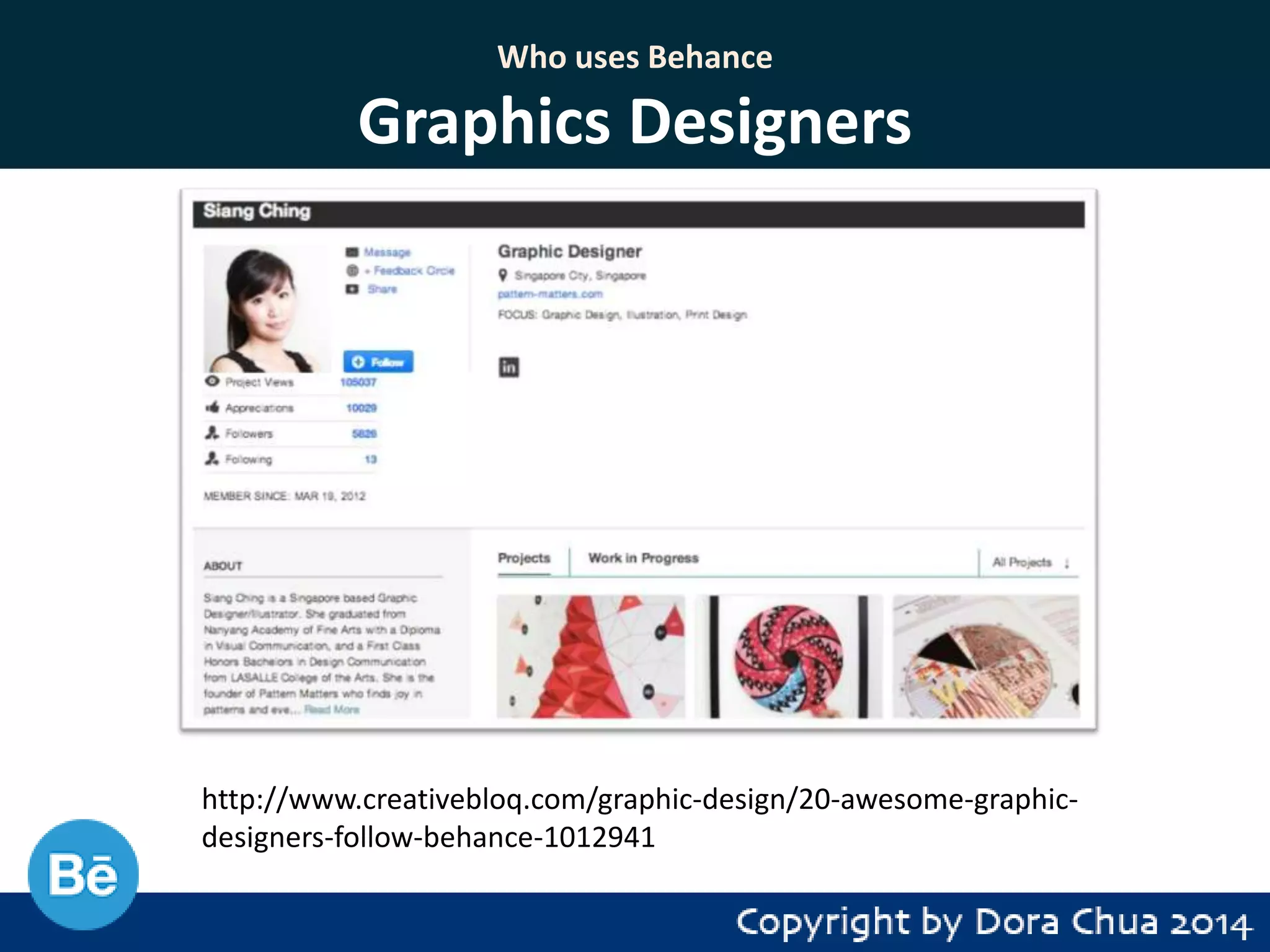 Who uses Behance

Graphics Designers

http://www.creativebloq.com/graphic-design/20-awesome-graphicdesigners-follow-behance-1012941

 
